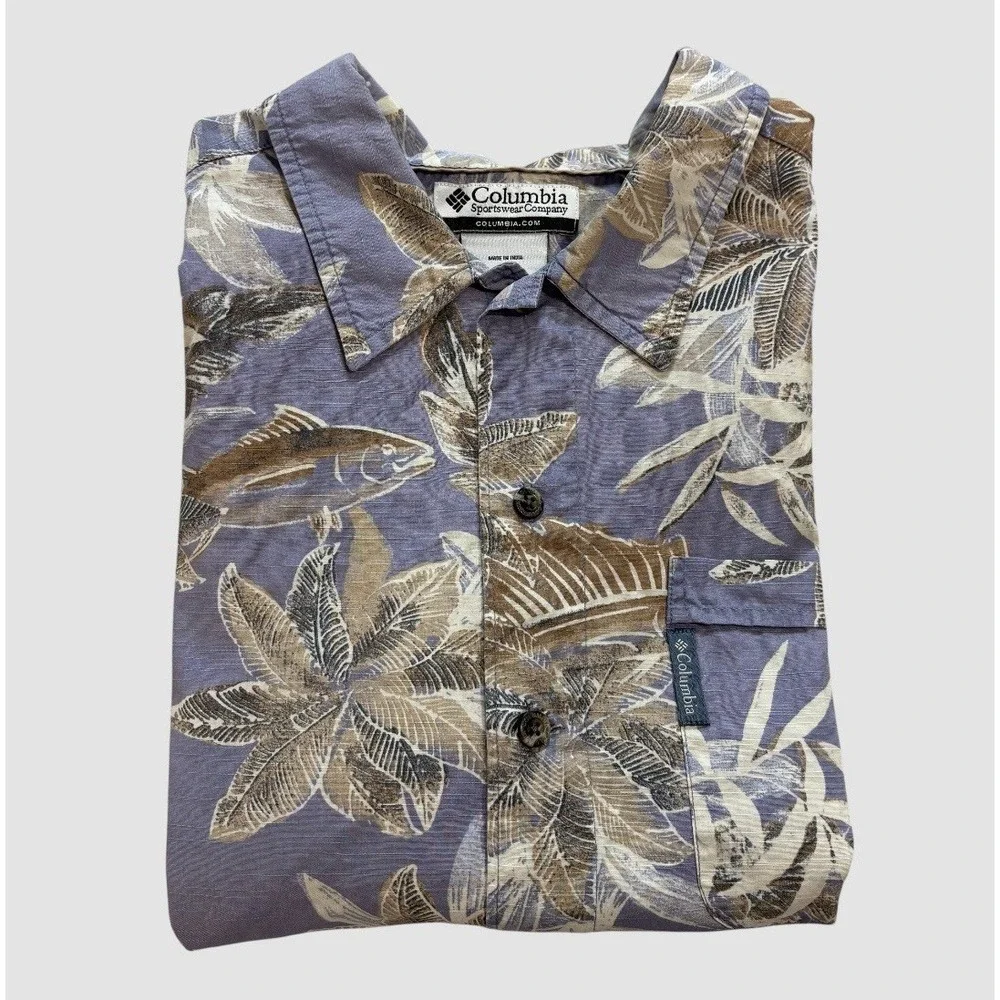 Columbia‎ Men's Medium Hawaiian Shirt 100% Cotton Palm Trees Fish Lavender Blue